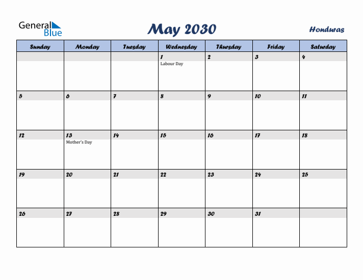 May 2030 Calendar with Holidays in Honduras
