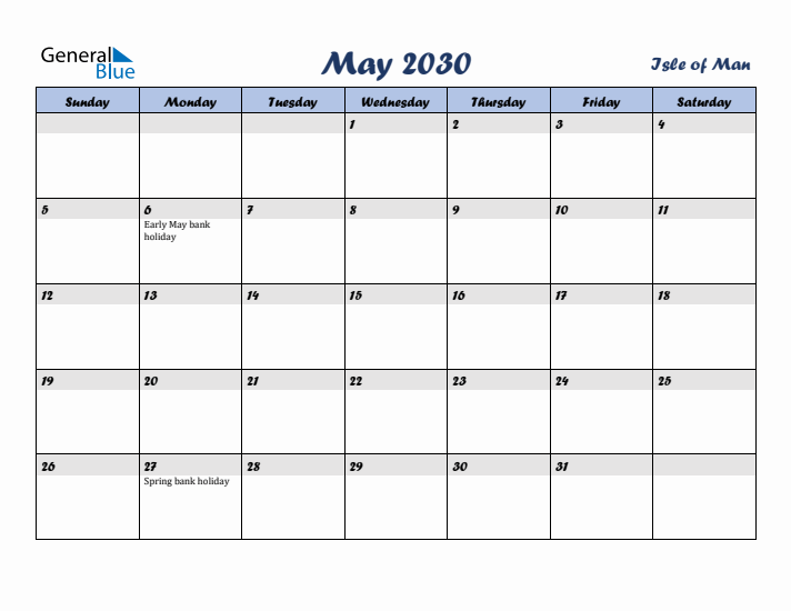 May 2030 Calendar with Holidays in Isle of Man