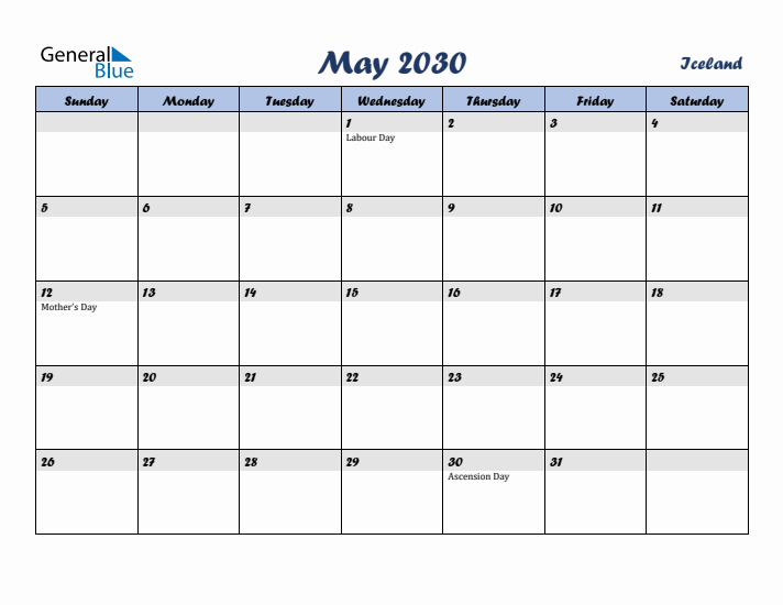 May 2030 Calendar with Holidays in Iceland