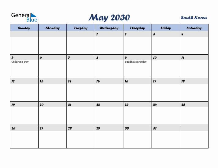 May 2030 Calendar with Holidays in South Korea
