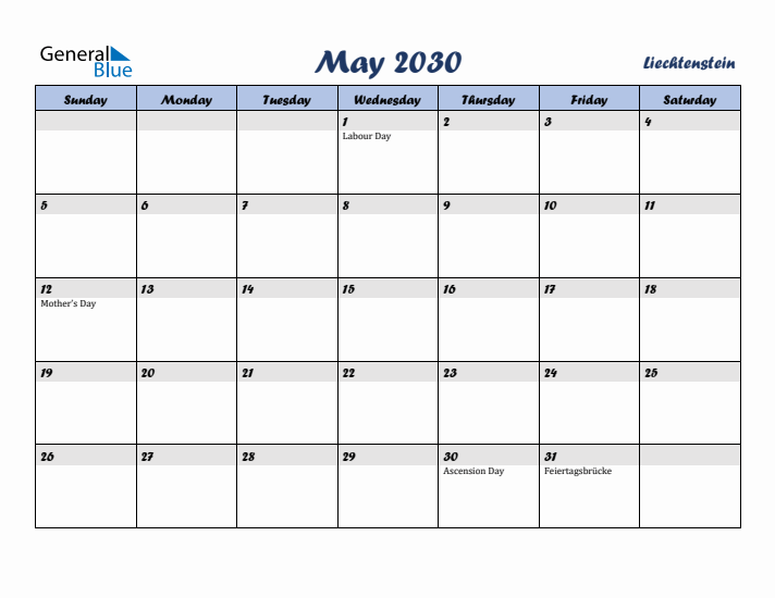 May 2030 Calendar with Holidays in Liechtenstein
