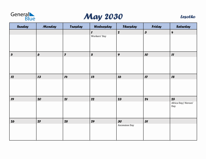 May 2030 Calendar with Holidays in Lesotho