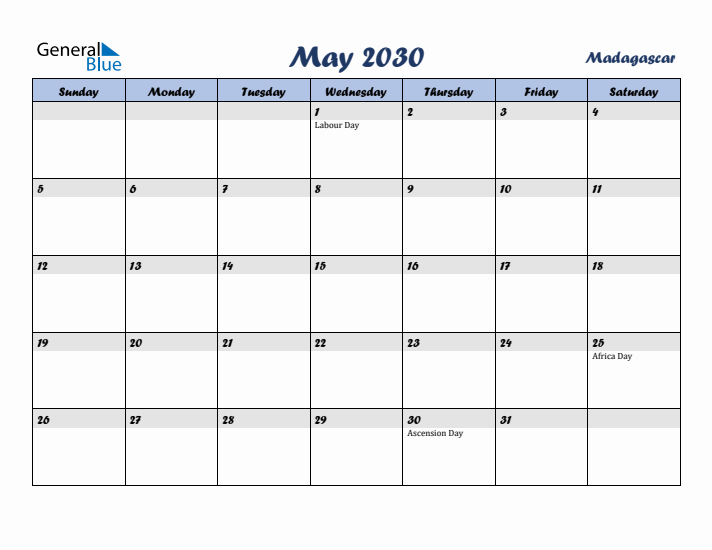 May 2030 Calendar with Holidays in Madagascar