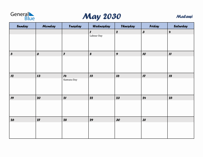 May 2030 Calendar with Holidays in Malawi