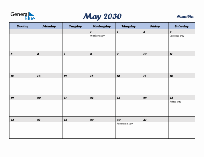 May 2030 Calendar with Holidays in Namibia