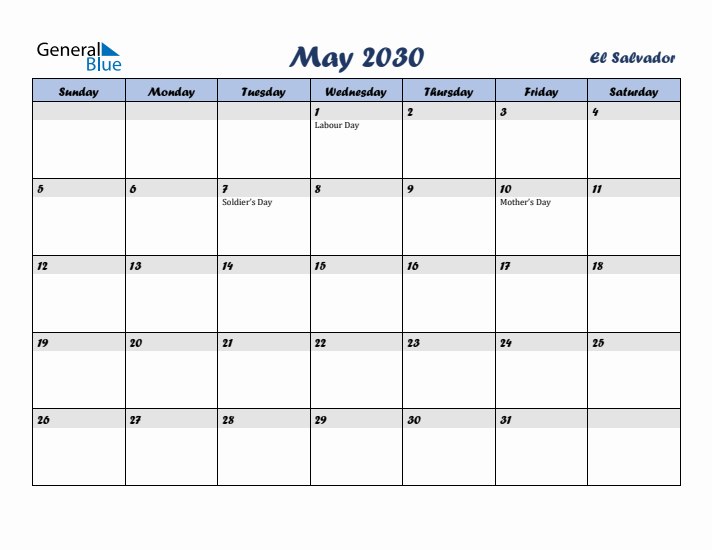 May 2030 Calendar with Holidays in El Salvador