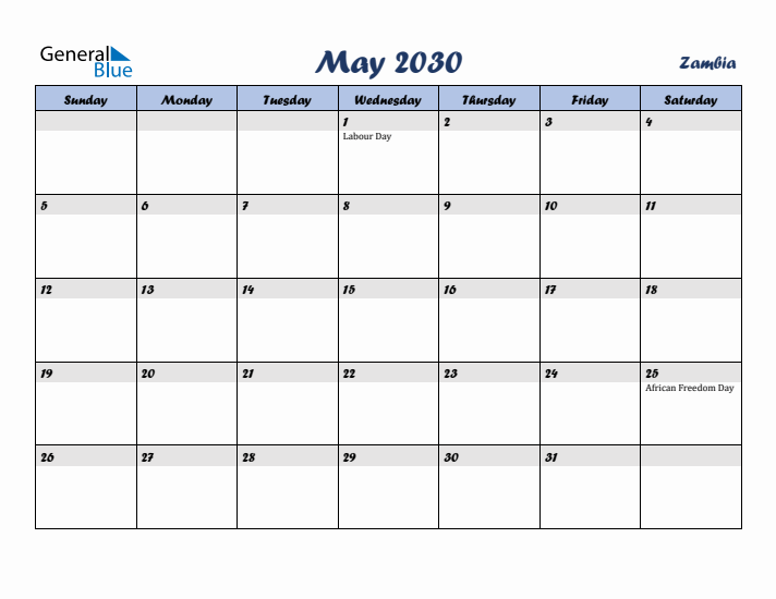 May 2030 Calendar with Holidays in Zambia