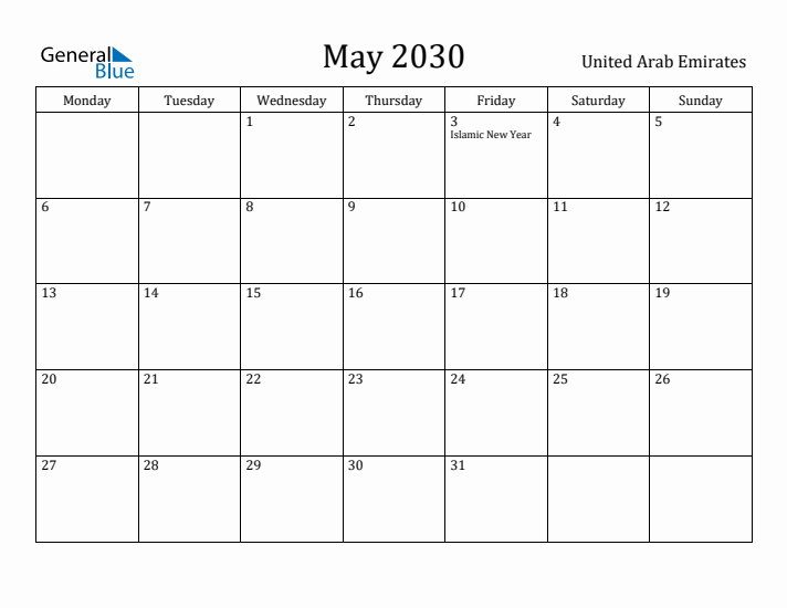 May 2030 Calendar United Arab Emirates