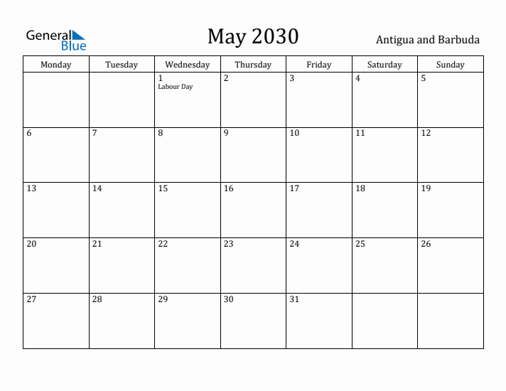 May 2030 Calendar Antigua and Barbuda