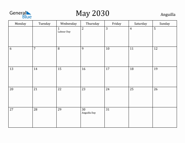 May 2030 Calendar Anguilla