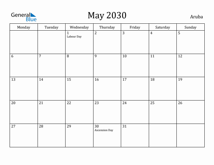 May 2030 Calendar Aruba