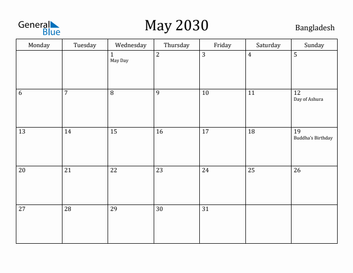 May 2030 Calendar Bangladesh