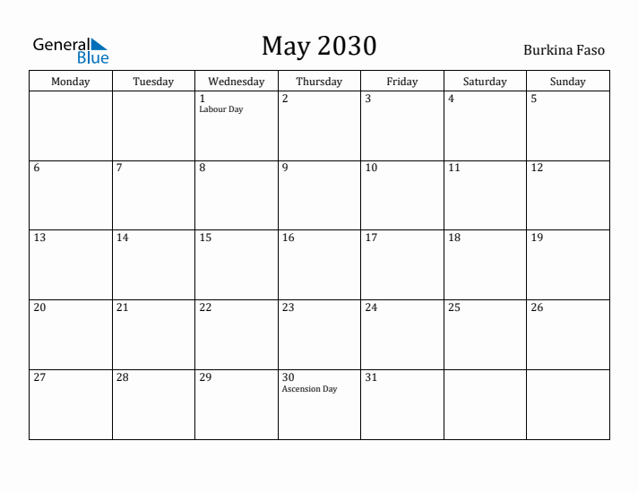 May 2030 Calendar Burkina Faso