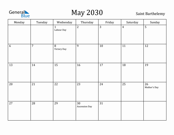 May 2030 Calendar Saint Barthelemy