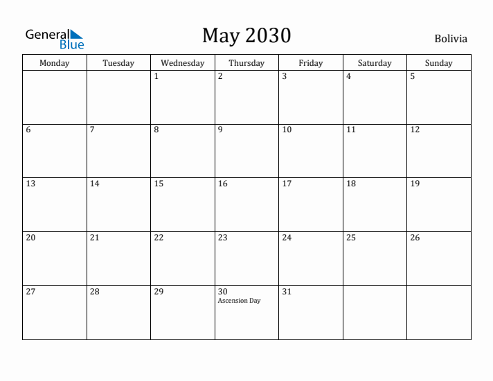 May 2030 Calendar Bolivia