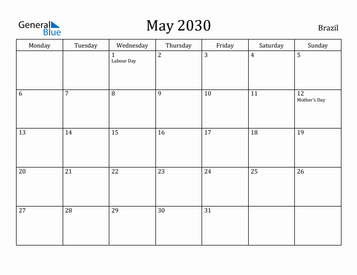 May 2030 Calendar Brazil