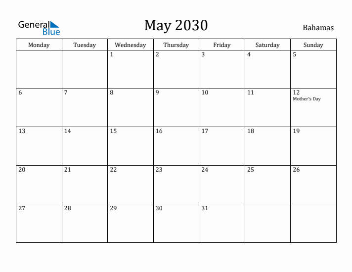 May 2030 Calendar Bahamas
