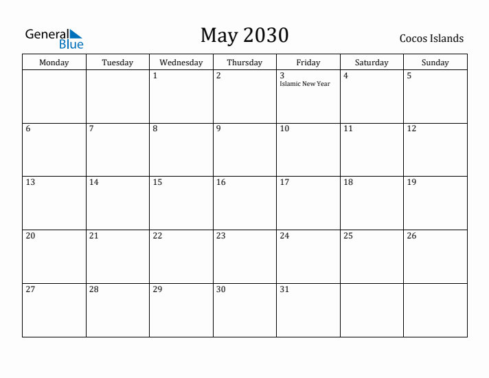 May 2030 Calendar Cocos Islands