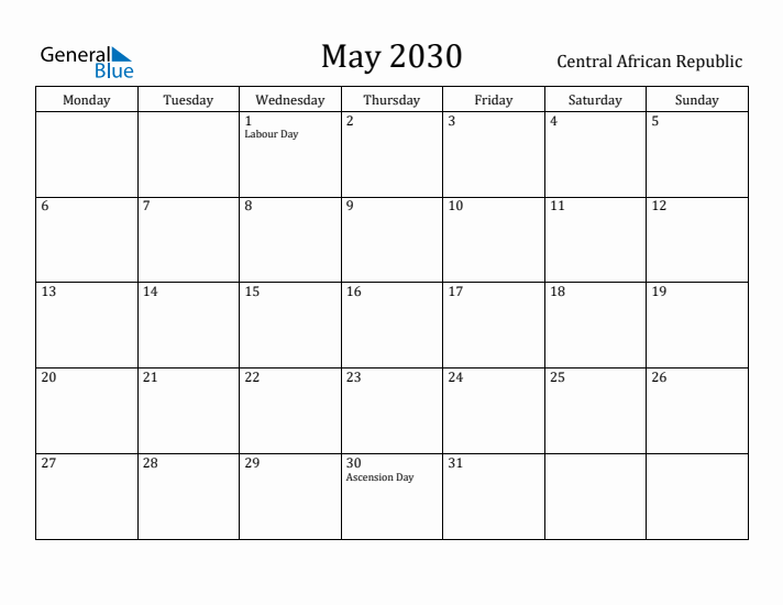 May 2030 Calendar Central African Republic