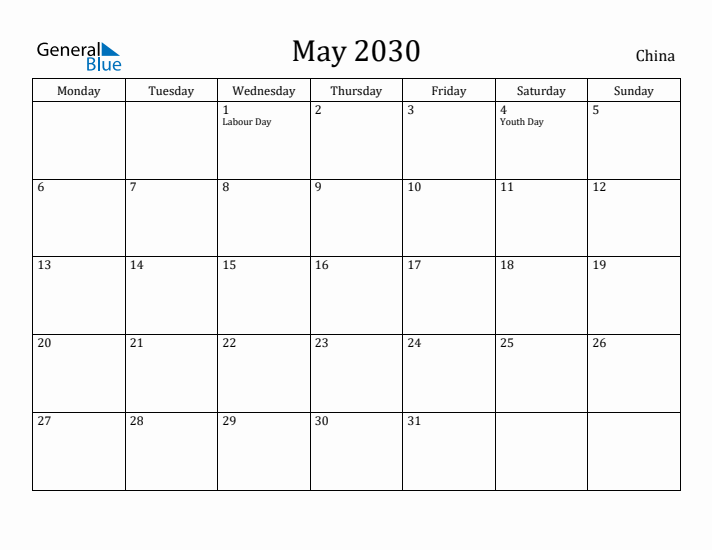 May 2030 Calendar China