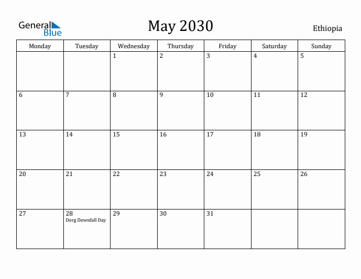 May 2030 Calendar Ethiopia