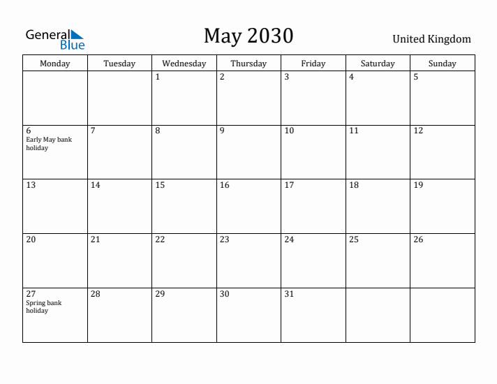 May 2030 Calendar United Kingdom