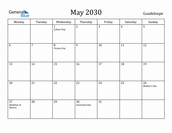 May 2030 Calendar Guadeloupe