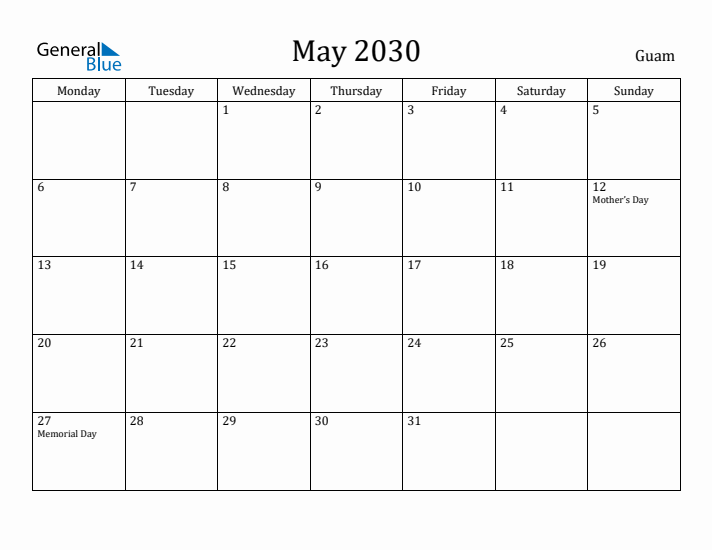 May 2030 Calendar Guam