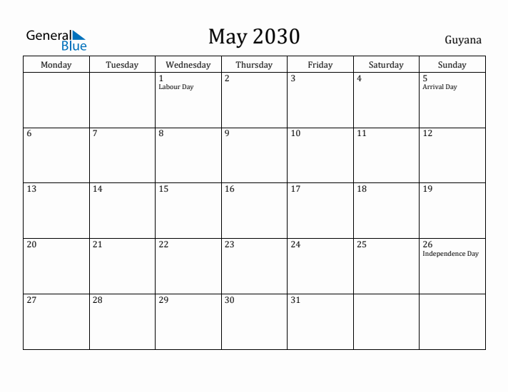 May 2030 Calendar Guyana