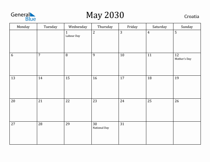 May 2030 Calendar Croatia