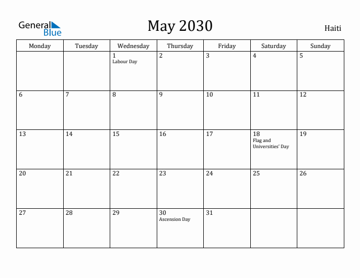 May 2030 Calendar Haiti