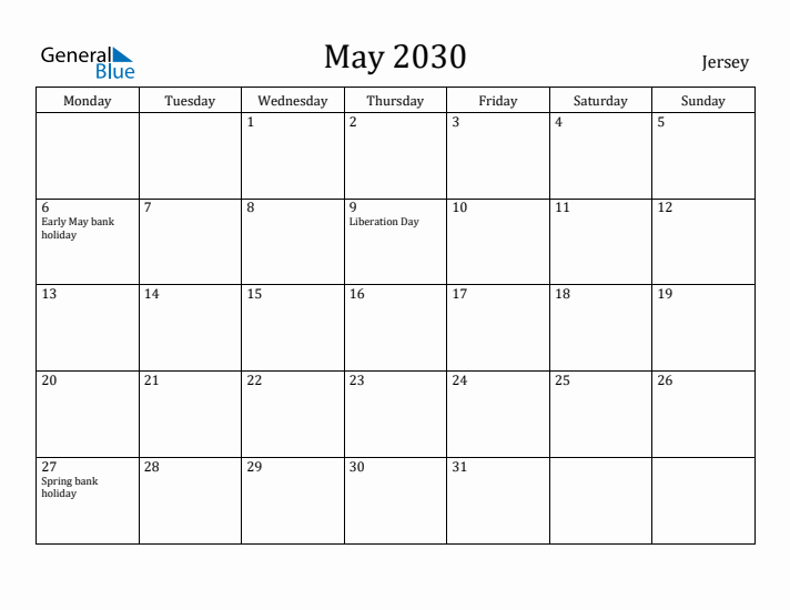 May 2030 Calendar Jersey
