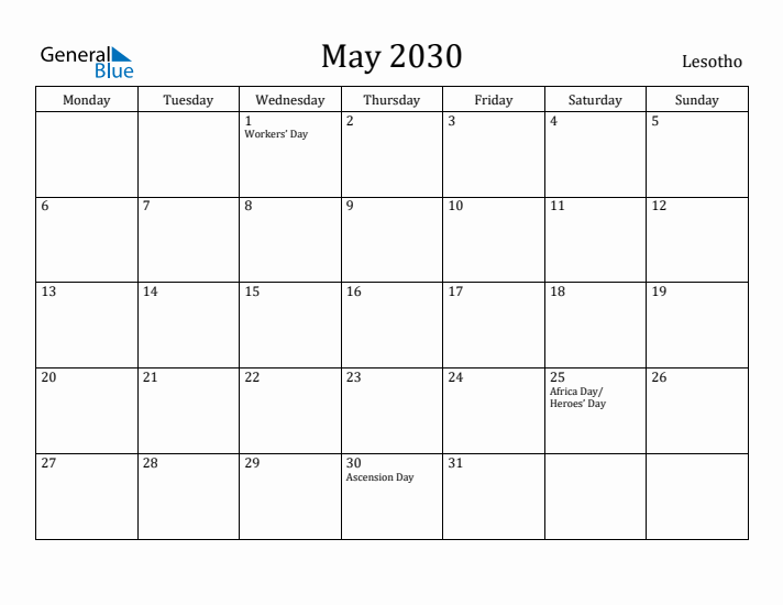 May 2030 Calendar Lesotho