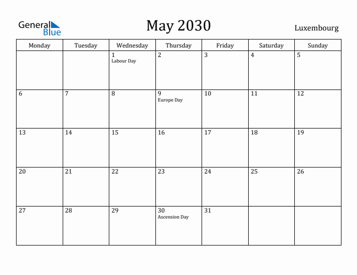 May 2030 Calendar Luxembourg