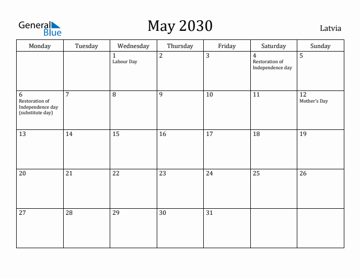 May 2030 Calendar Latvia