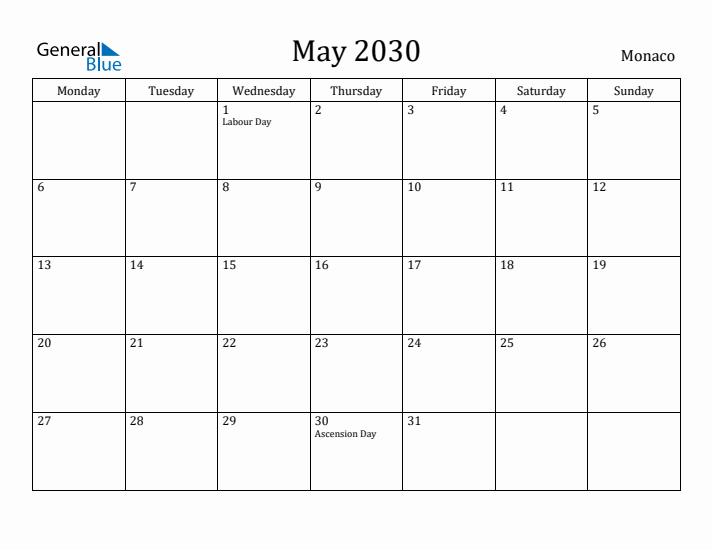 May 2030 Calendar Monaco