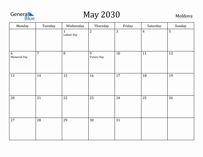 May 2030 Calendar Moldova