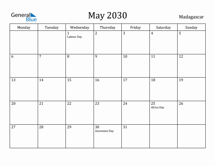 May 2030 Calendar Madagascar
