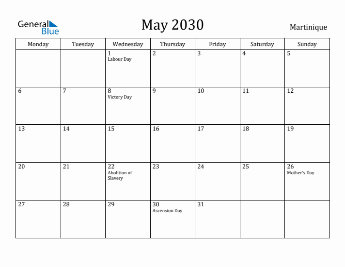 May 2030 Calendar Martinique