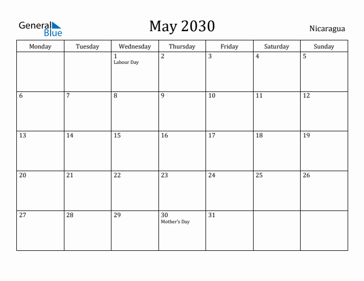 May 2030 Calendar Nicaragua