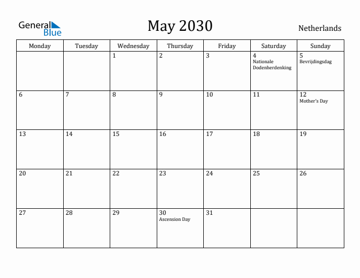 May 2030 Calendar The Netherlands