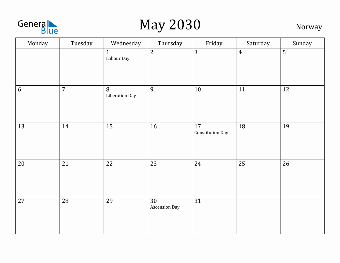 May 2030 Norway Monthly Calendar With Holidays