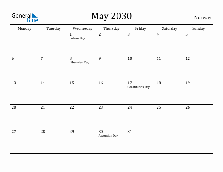 May 2030 Calendar Norway