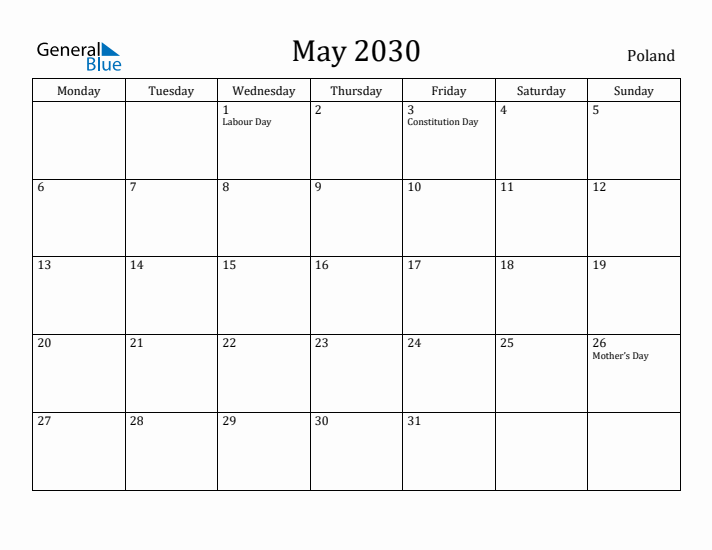 May 2030 Calendar Poland
