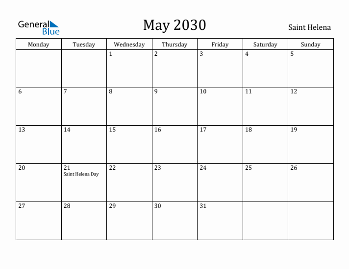 May 2030 Calendar Saint Helena