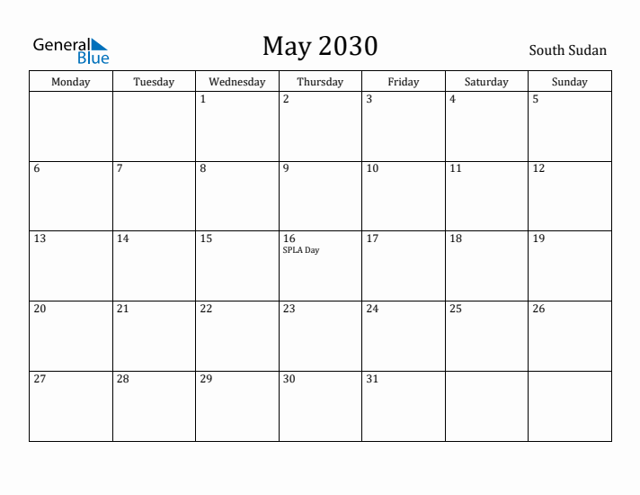 May 2030 Calendar South Sudan