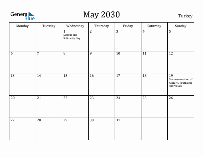 May 2030 Calendar Turkey