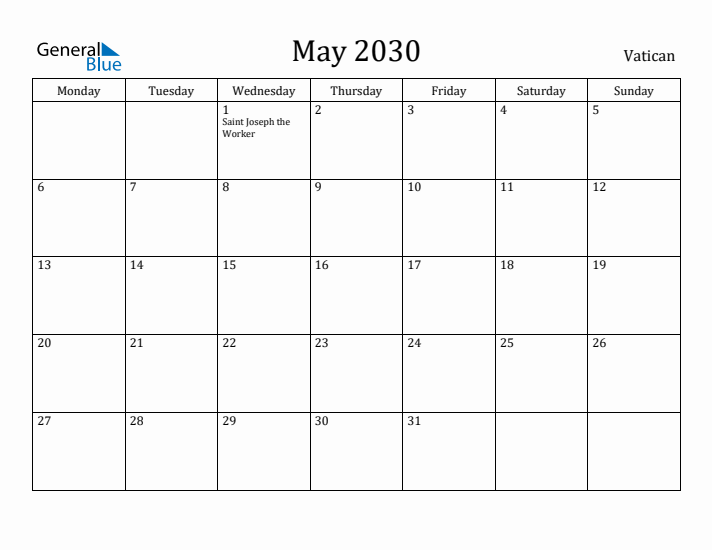 May 2030 Calendar Vatican