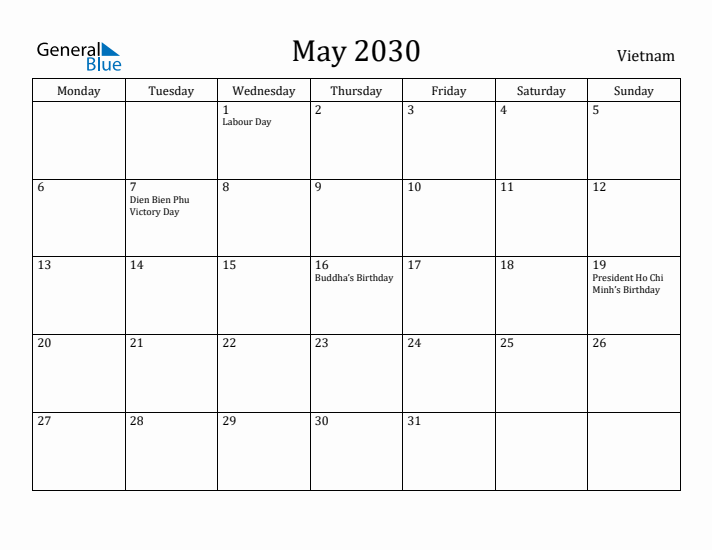 May 2030 Calendar Vietnam