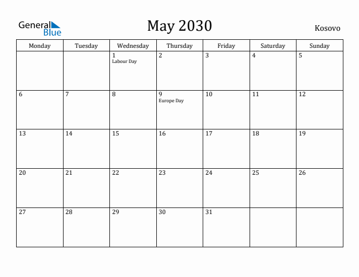 May 2030 Calendar Kosovo